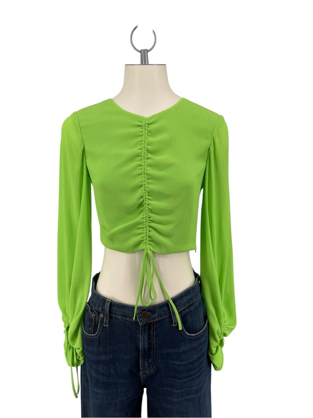 Staud Ruched Long-Sleeve Crop Top in Lime Green